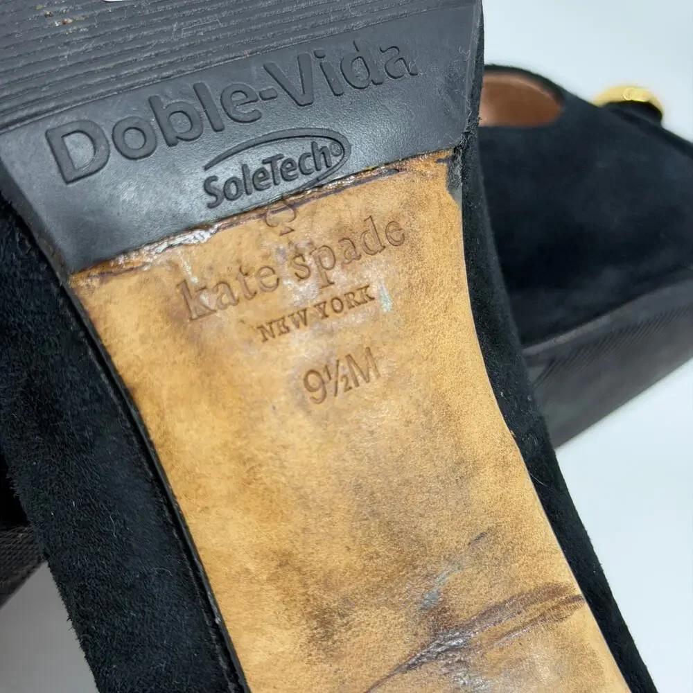 Kate Spade Black Suede Block Heel Pumps 9.5 Gold Stud